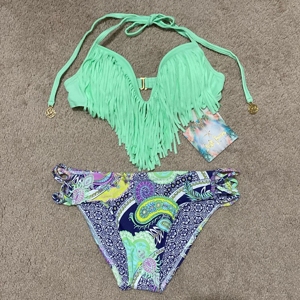 Luli Fama Cosita Buena Fringe Plunge Push Up Top And Dynasty Full Bottom Size XS